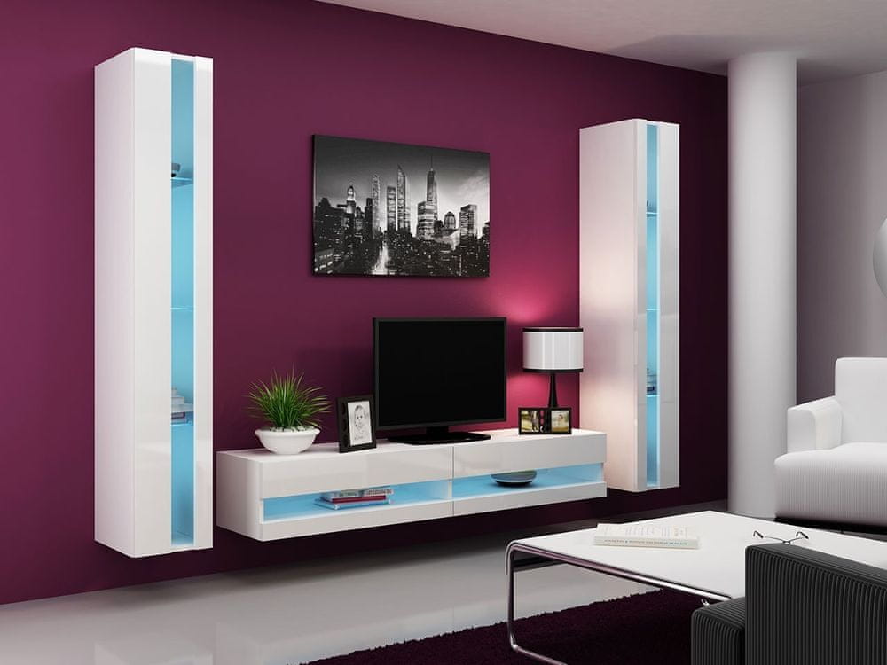 Veneti Stena do obývacej izby s LED modrým osvetlením ASHTON N3 - biela / lesklá biela